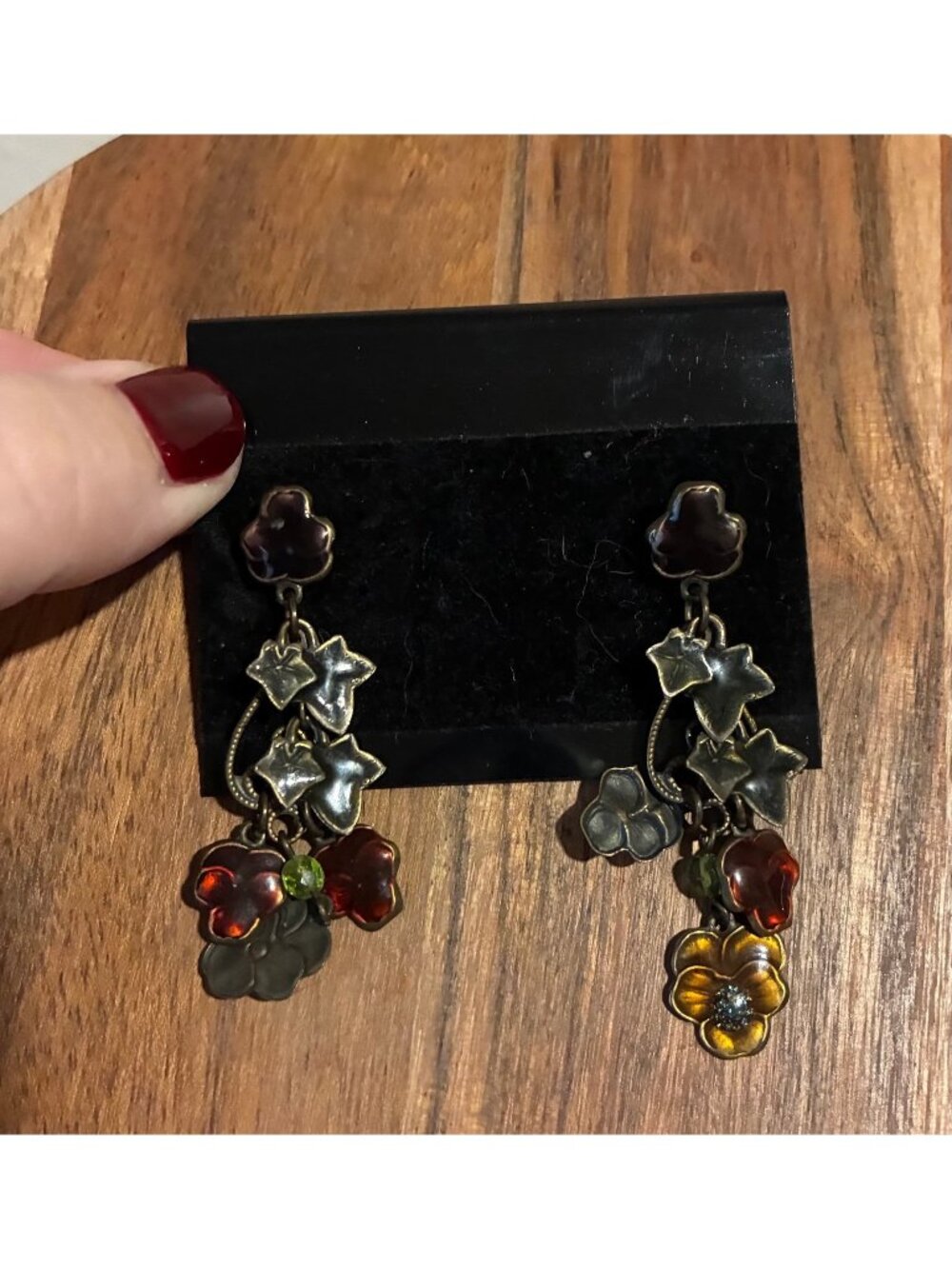 Vintage Floral Brown and Green Flower Leaf Dangle Earrings